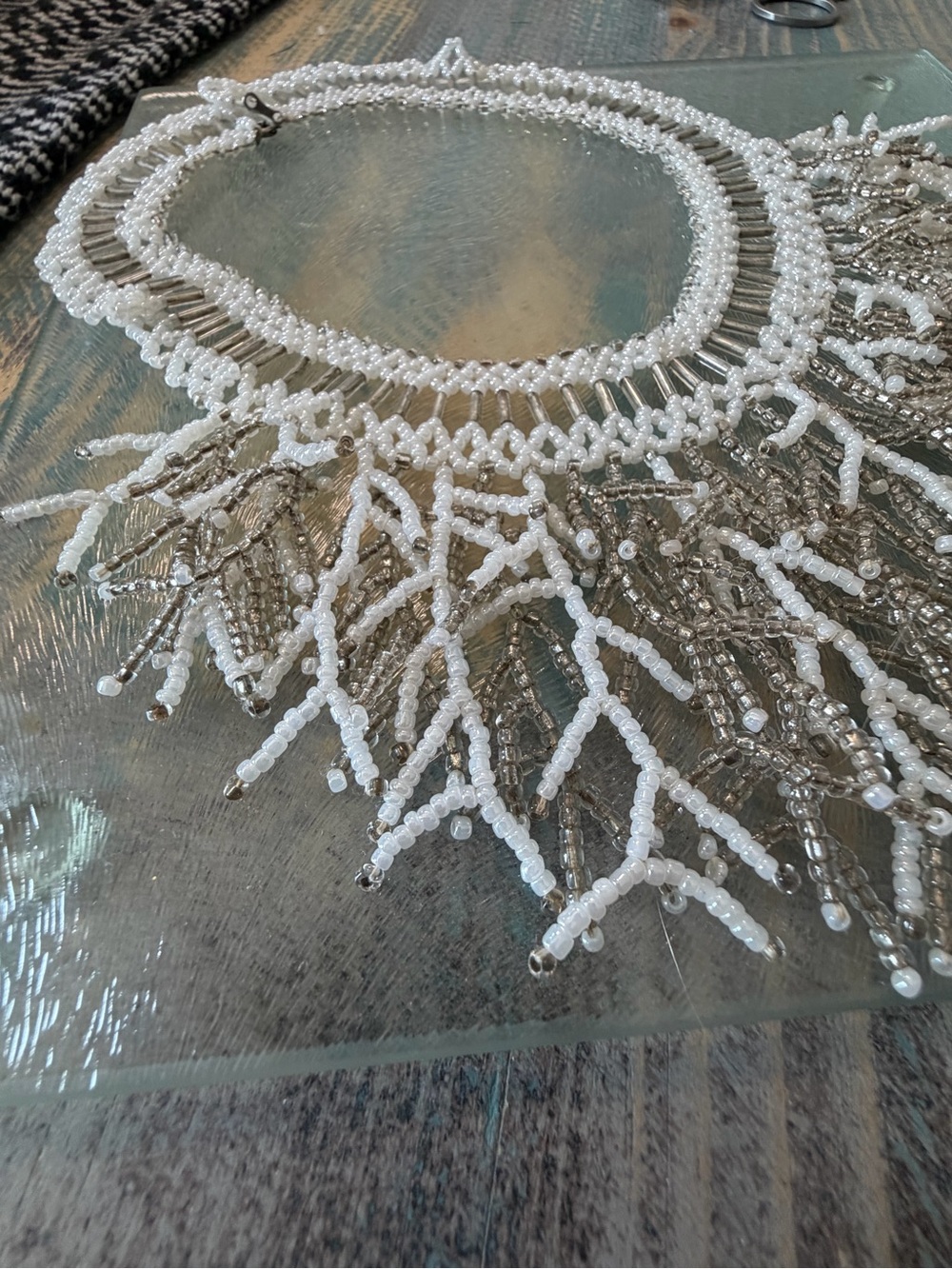 Mermaidcore White & Silver Beaded Coral Branch Fringe Statement Bib Necklace - Picture 2 of 7